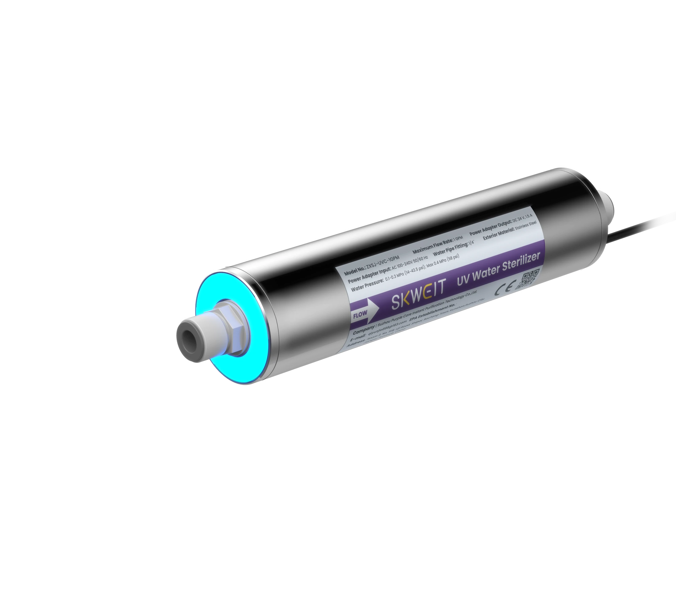 SKWEIT 1 GPM UVC-LED water module with the blue power indicator lit