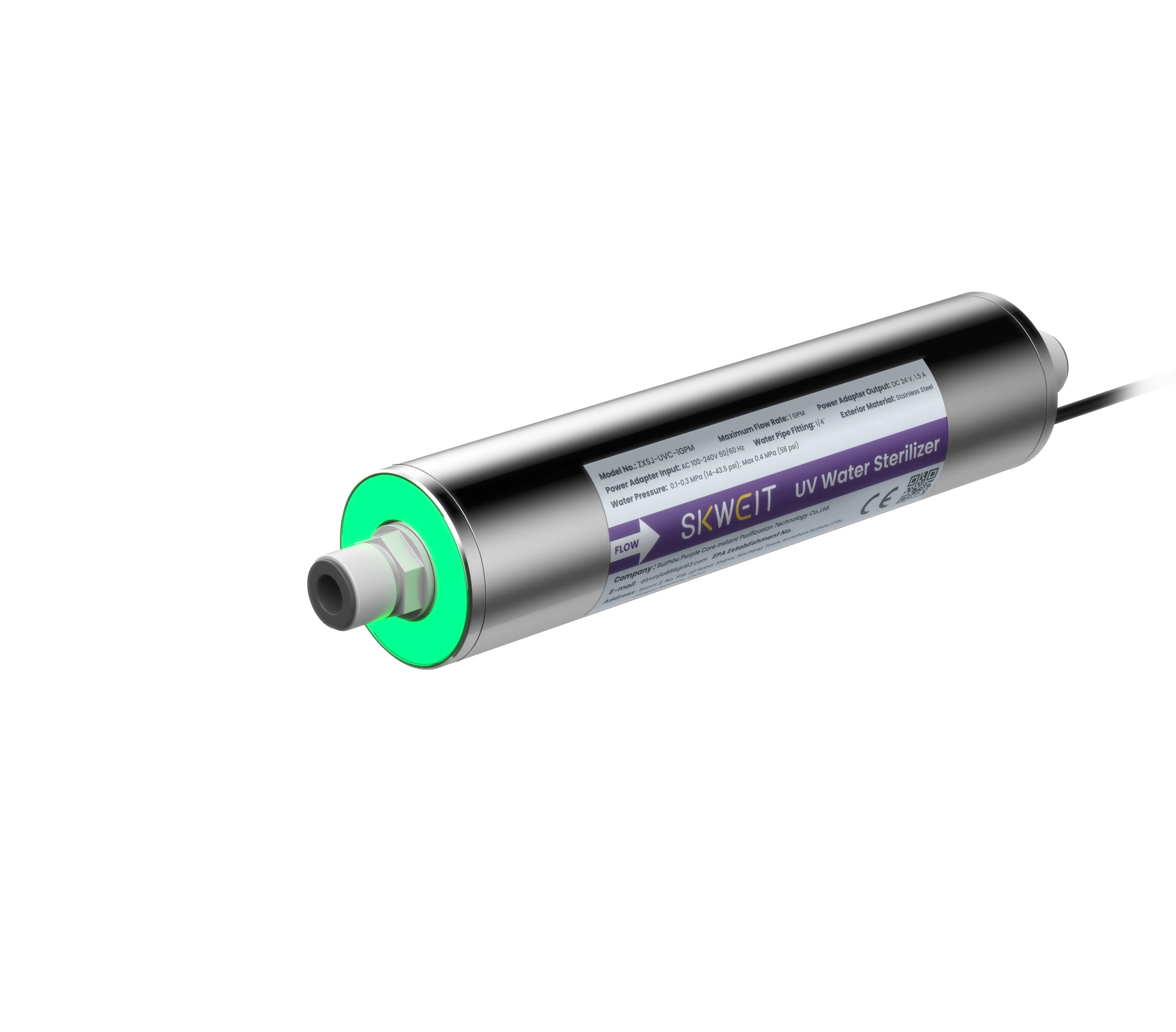 SKWEIT 1 GPM UVC-LED water module with the green active-treatment indicator lit